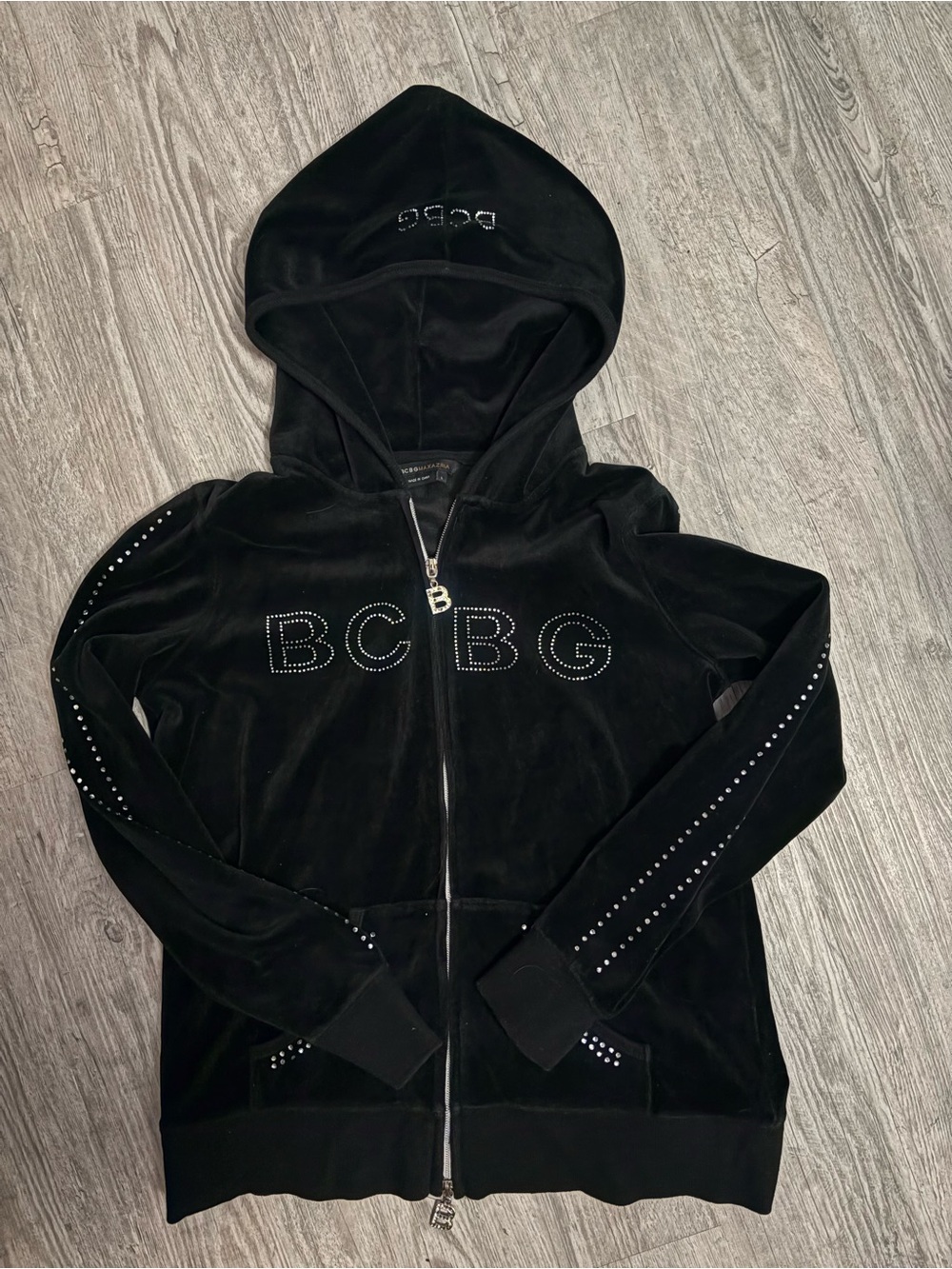 BCBG Black Velour Zip-Up Hoodie with Rhinestone Logo